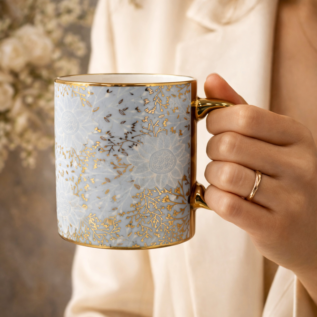 Cuire Floral Golden Ceramic Coffee Mug | Mug for Him & Her | Perfect for Gifting | 370ml (Set of 1)