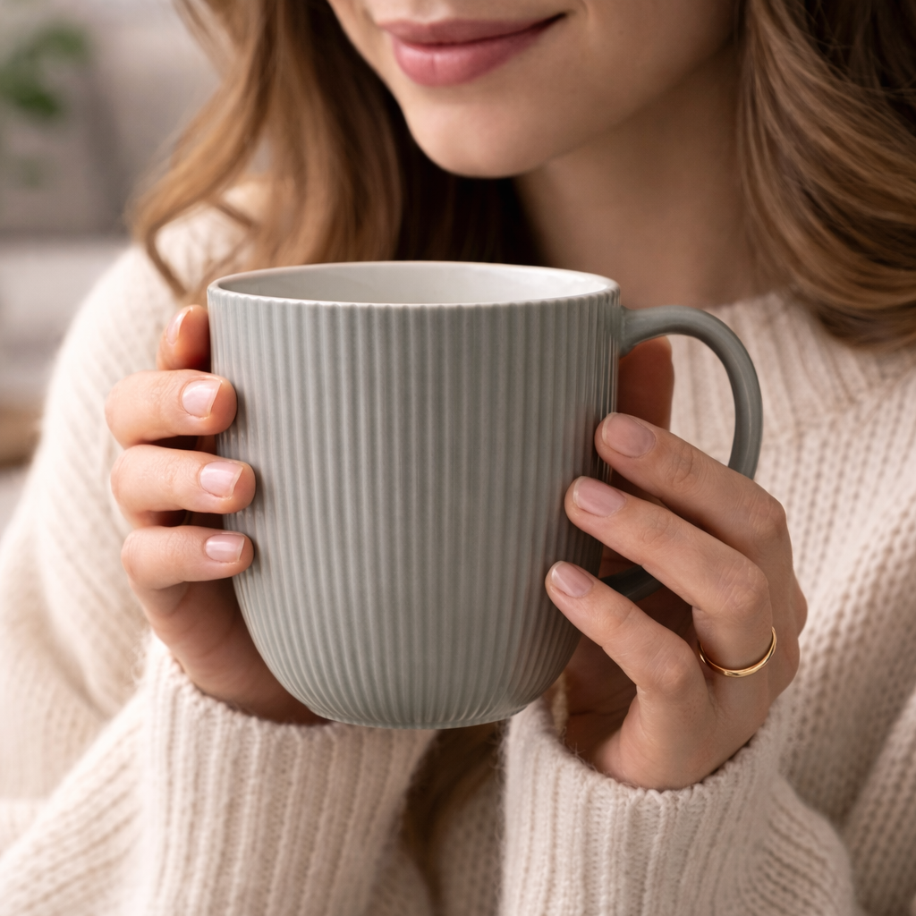 Cuire Solid Colour Ribbed Ceramic Coffee Mug | Mug for Him & Her | Perfect for Gifting | 350ml (Set of 1)
