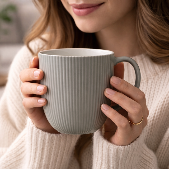 Cuire Solid Colour Ribbed Ceramic Coffee Mug | Mug for Him & Her | Perfect for Gifting | 350ml (Set of 1)