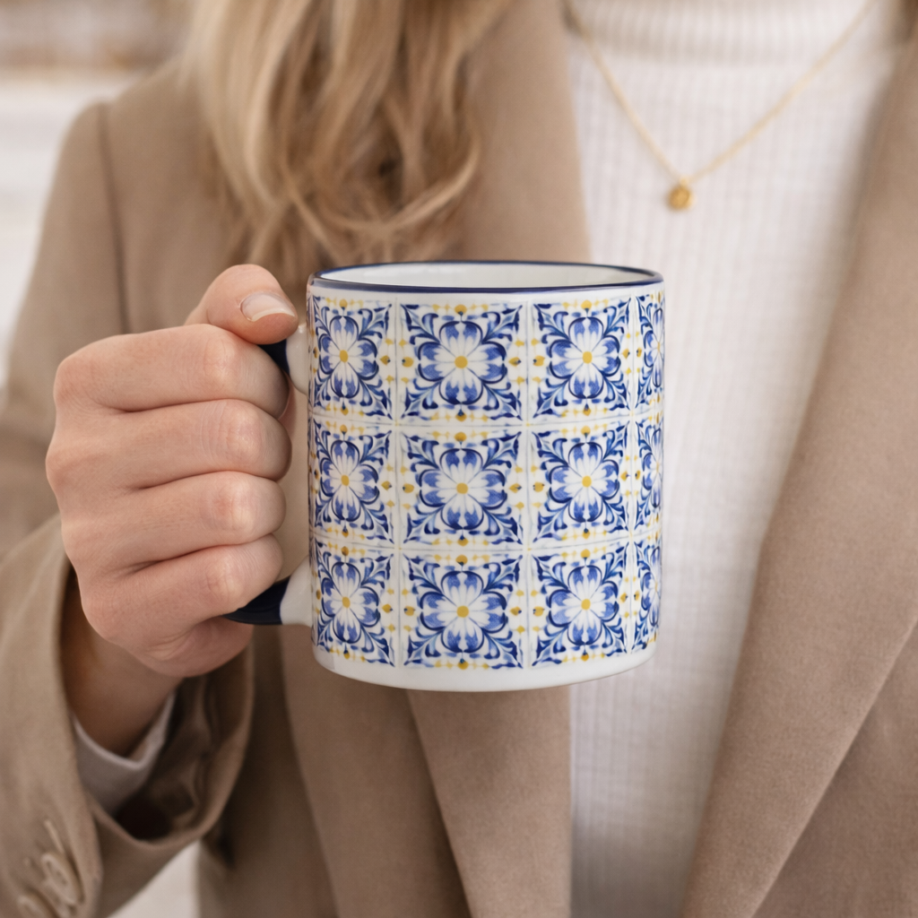 Cuire Blue Patterned Ceramic Coffee Mug | Mug for Him & Her | Perfect for Gifting | 370ml (Set of 1)
