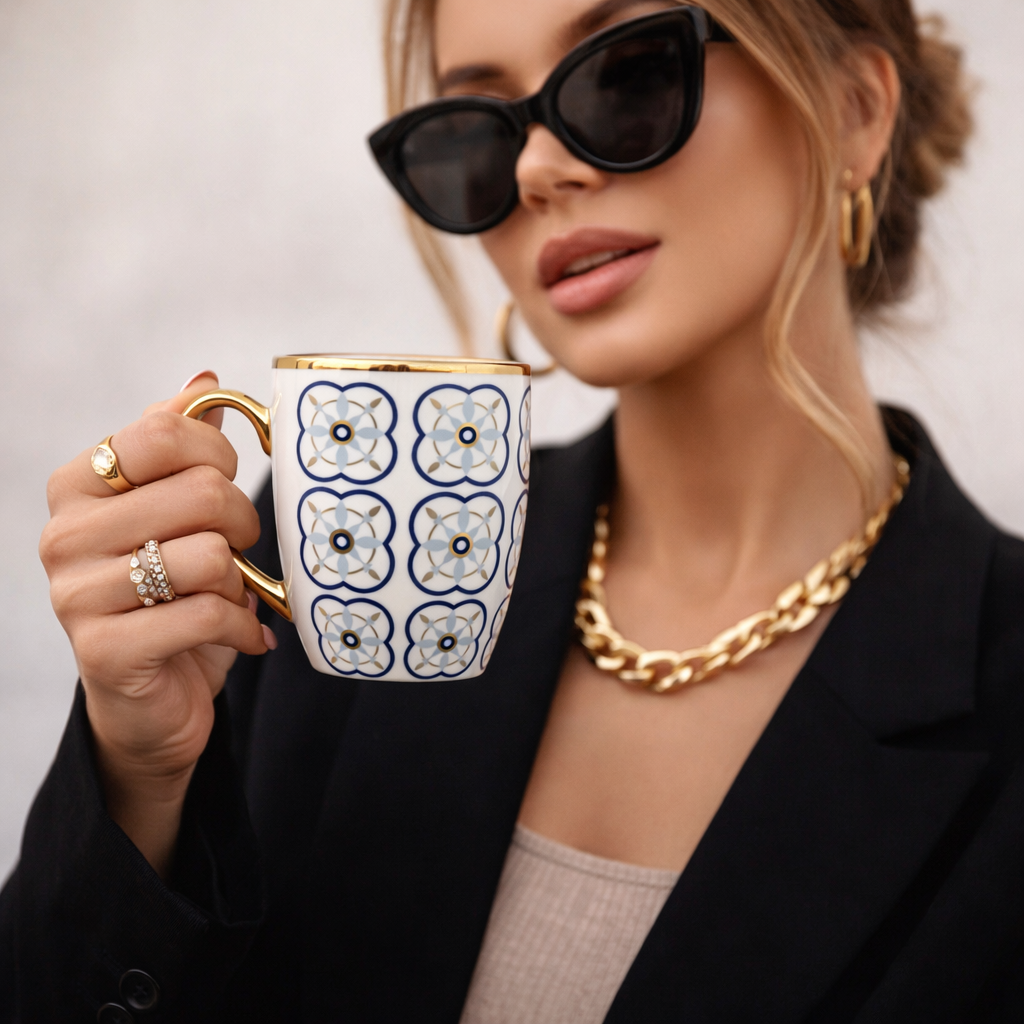 Cuire Blue and Golden Pattern Premium Coffee Mug | Mug for Him & Her | Perfect for Gifting | 370ml (Set of 1)