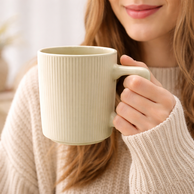Cuire Ribbed White Ceramic Coffee Mug | Mug for Him & Her | Perfect for Gifting | 380ml (Set of 1)