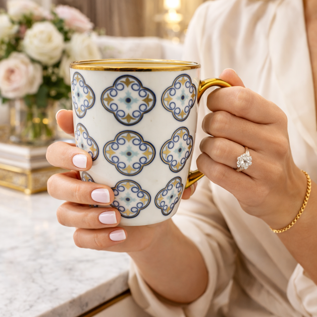 Cuire Blue and Golden Pattern Premium Coffee Mug | Mug for Him & Her | Perfect for Gifting | 370ml (Set of 1)