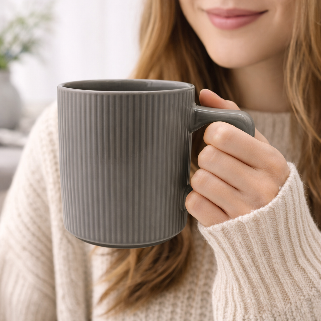 Cuire Ribbed Grey Ceramic Coffee Mug | Mug for Him & Her | Perfect for Gifting | 380ml (Set of 1)