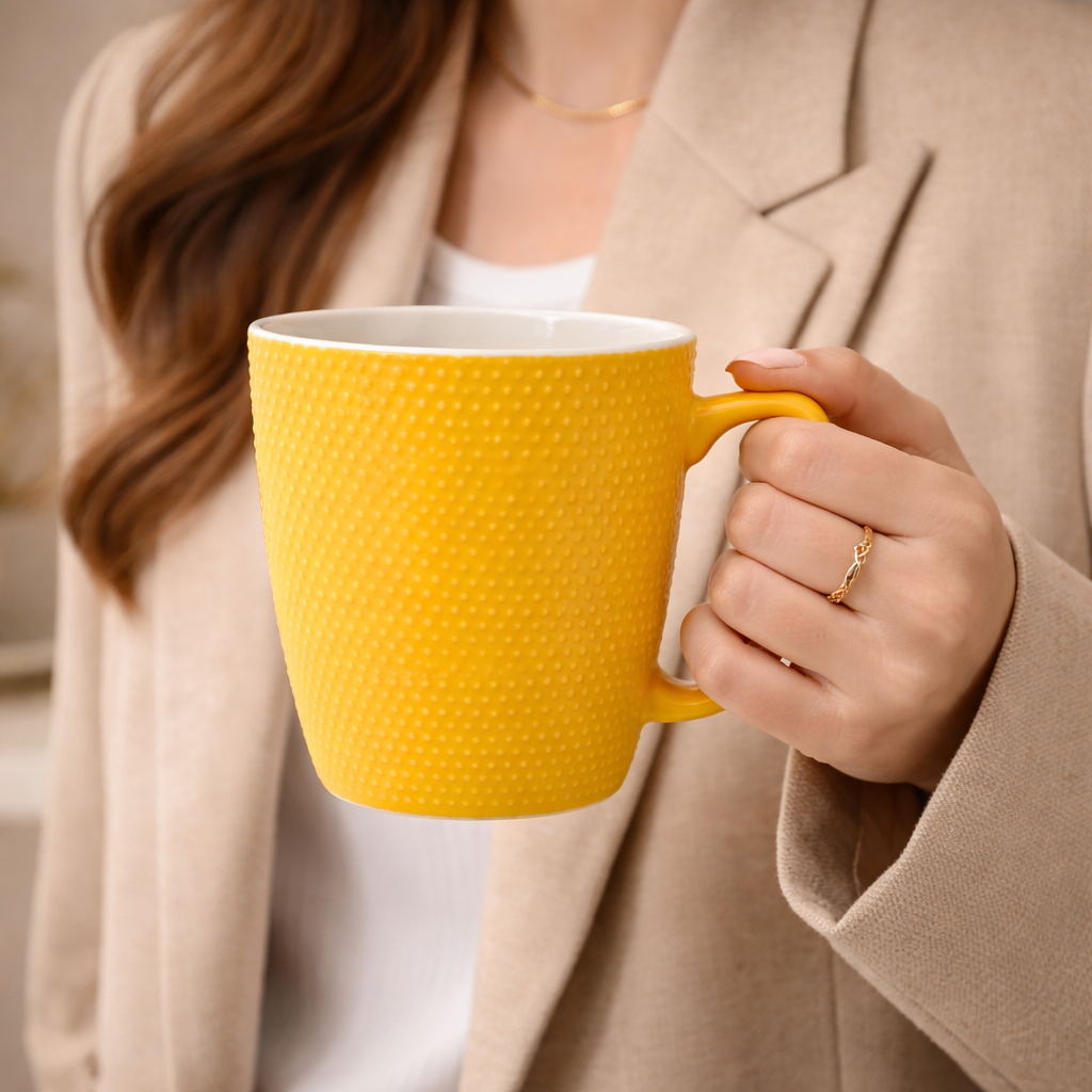 Cuire Dotted Yellow Ceramic Coffee Mug | Mug for Him & Her | Perfect for Gifting | 470ml (Set of 1)