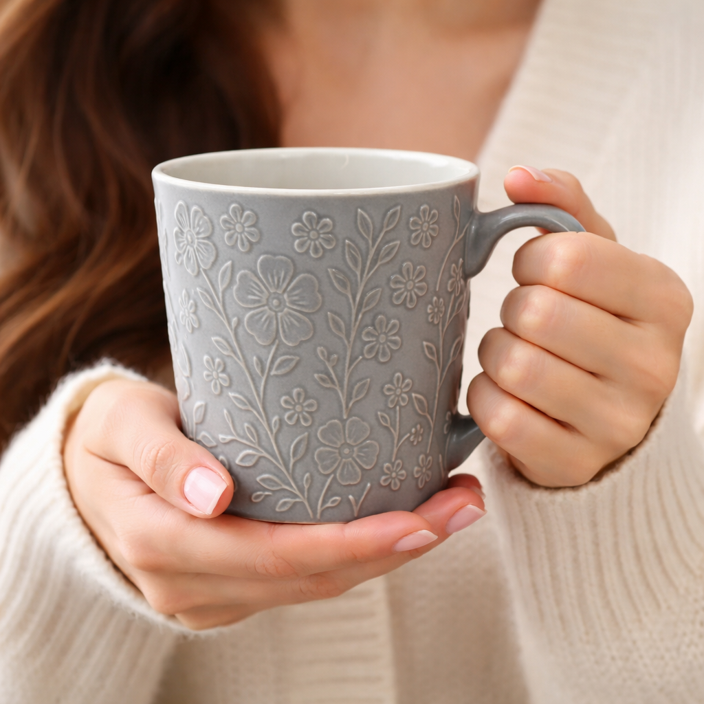 Cuire Floral Embossed Grey Ceramic Coffee Mug | Mug for Him & Her | Perfect for Gifting | 520ml (Set of 1)