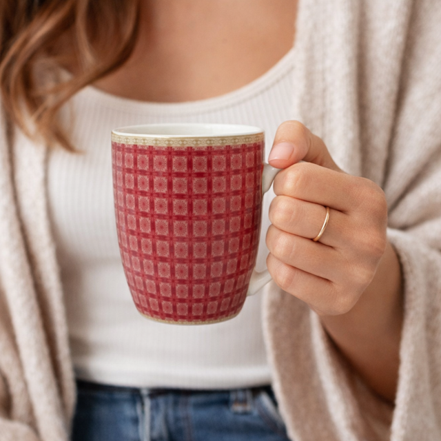 Cuire Red Geometric Pattern Ceramic Coffee Mug | Mug for Him & Her | Perfect for Gifting | 370ml (Set of 1)