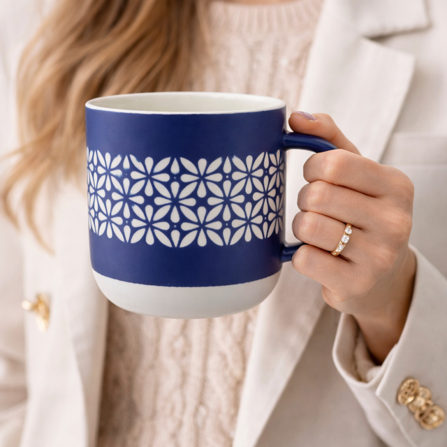Cuire Blue Floral Ceramic Coffee Mug | Mug for Him & Her | Perfect for Gifting | 365ml (Set of 1)