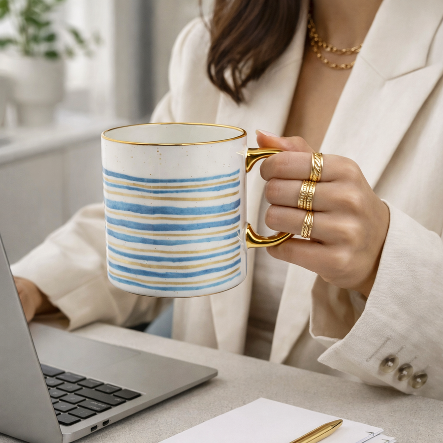 Cuire Azure Gold Waves Ceramic Coffee Mug 340ml | Blue Watercolor Design with Gold Handle & Rim | Stain Resistant, Thermal Resistant | Strong & Durable Tea & Coffee Cup (Blue with Golden Stripes)