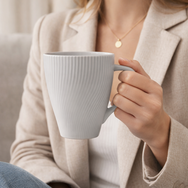 Cuire White Ribbed Ceramic Coffee Mug | Mug for Him & Her | Perfect for Gifting | 360ml (Set of 1)