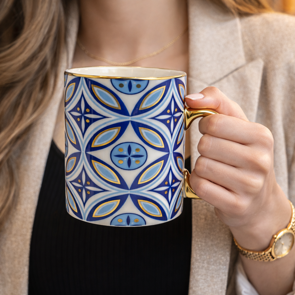 Cuire Golden Blue Floral Ceramic Coffee Mug | Mug for Him & Her | Perfect for Gifting | 360ml (Set of 1)