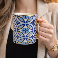 Cuire Golden Blue Floral Ceramic Coffee Mug | Mug for Him & Her | Perfect for Gifting | 360ml (Set of 1)