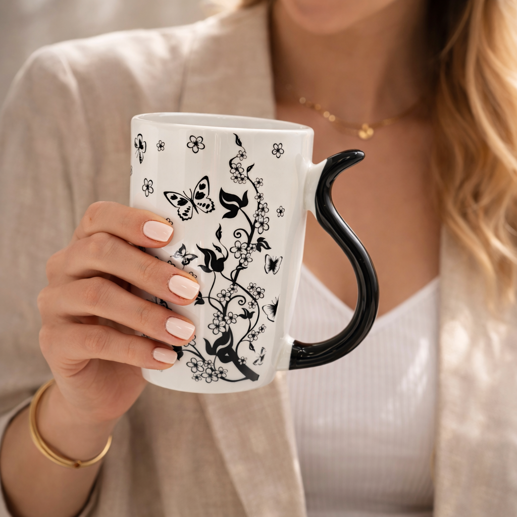 Cuire Floral White with Black Butterfly Ceramic Coffee Mug | Mug for Him & Her | Perfect for Gifting | 400ml (Set of 1)