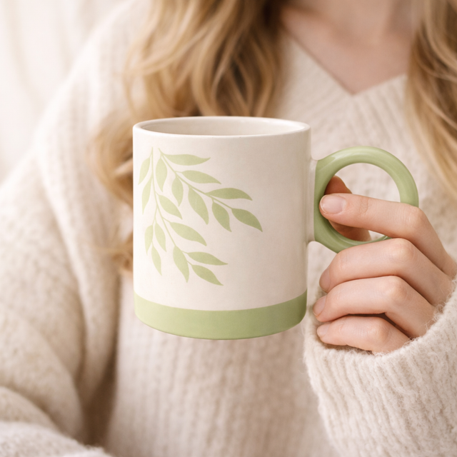 Cuire Green Fern Ceramic Coffee Mug | Mug for Him & Her | Perfect for Gifting | 370ml (Set of 1)
