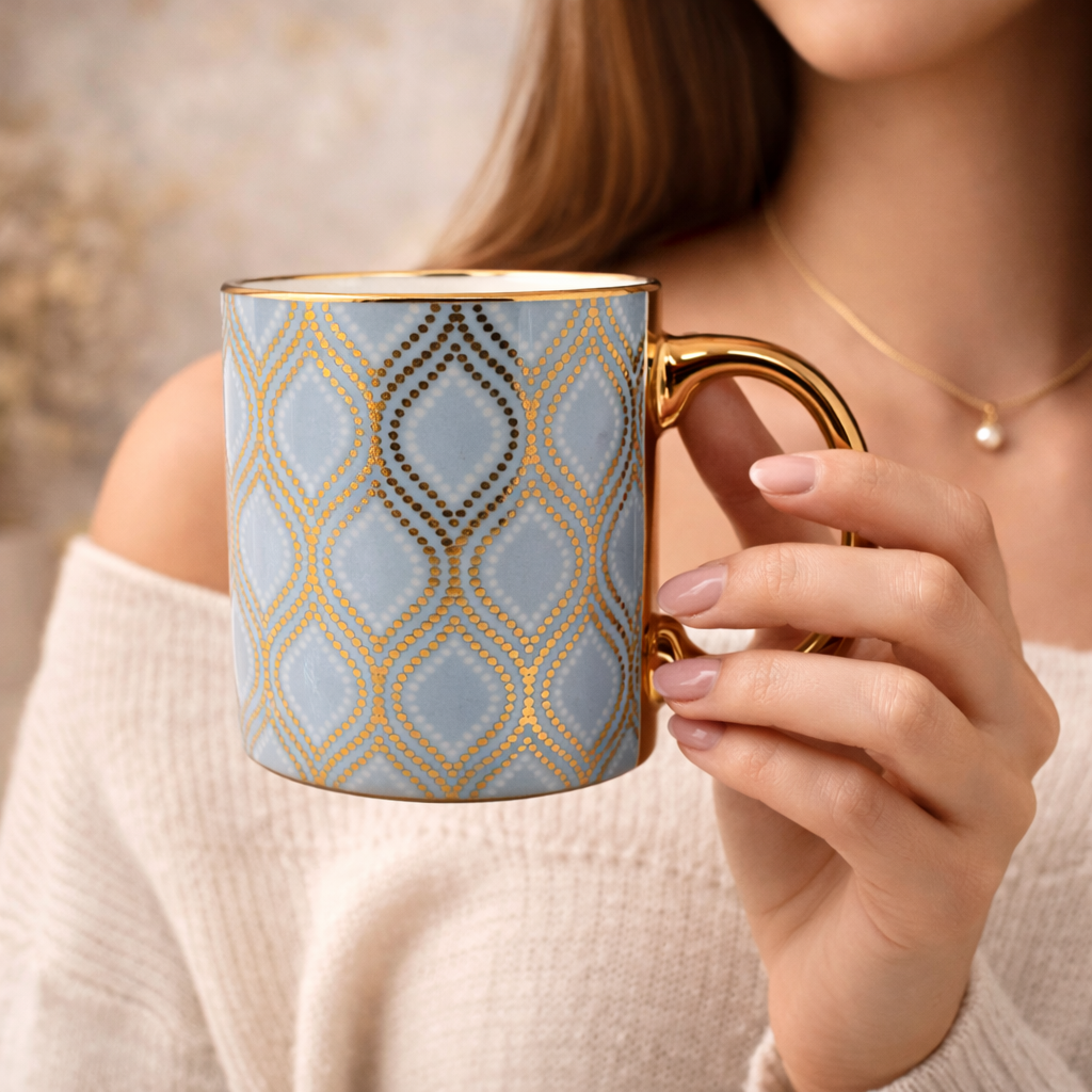 Cuire Floral Golden Ceramic Coffee Mug | Mug for Him & Her | Perfect for Gifting | 370ml (Set of 1)