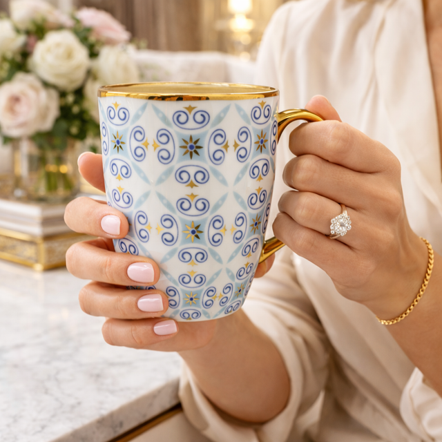 Cuire Blue and Golden Pattern Premium Coffee Mug | Mug for Him & Her | Perfect for Gifting | 370ml (Set of 1)