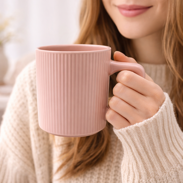 Cuire Ribbed Pink Ceramic Coffee Mug | Mug for Him & Her | Perfect for Gifting | 380ml (Set of 1)