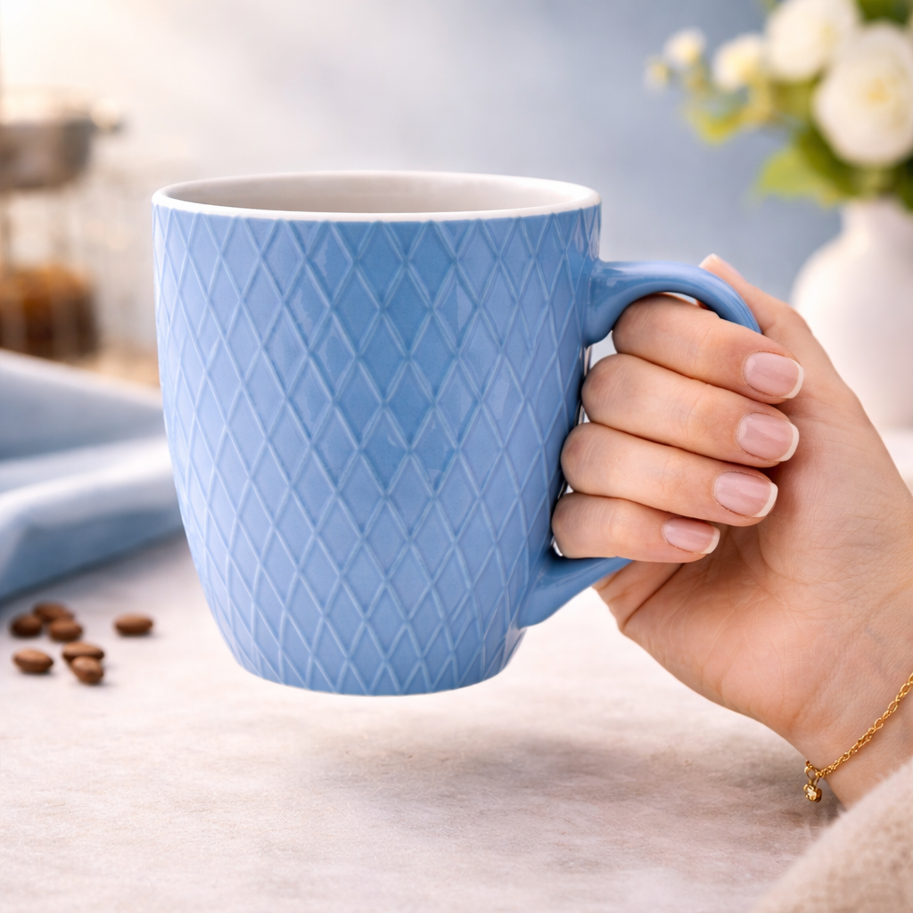 Cuire Diamond Pattern Blue Ceramic Coffee Mug | Mug for Him & Her | Perfect for Gifting | 400ml (Set of 1)
