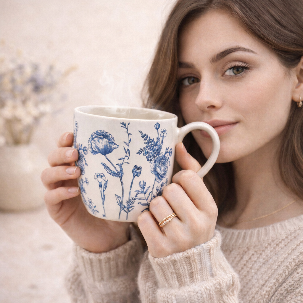 Cuire Floral Blue & White Ceramic Coffee Mug | Mug for Him & Her | Perfect for Gifting | 580ml (Set of 1)