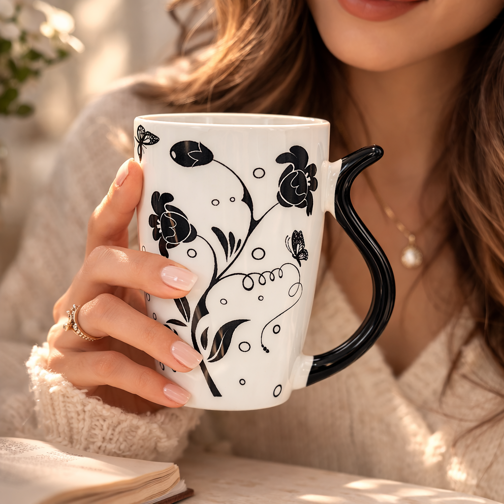 Cuire Floral White with Black Butterfly Ceramic Coffee Mug | Mug for Him & Her | Perfect for Gifting | 400ml (Set of 1)