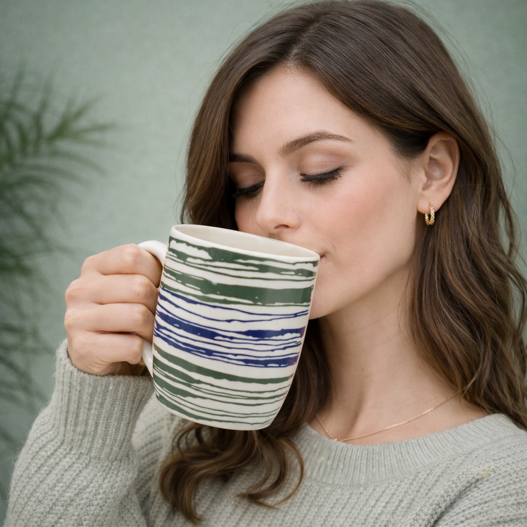 Cuire Stripped White Ceramic Coffee Mug | Mug for Him & Her | Perfect for Gifting | 580ml (Set of 1)
