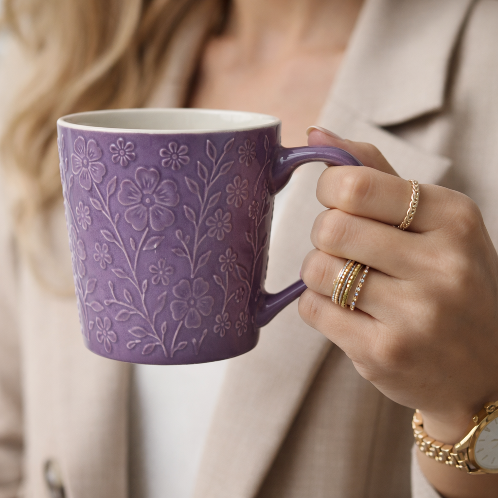 Cuire Floral Embossed Lavender Ceramic Coffee Mug | Mug for Him & Her | Perfect for Gifting | 520ml (Set of 1)