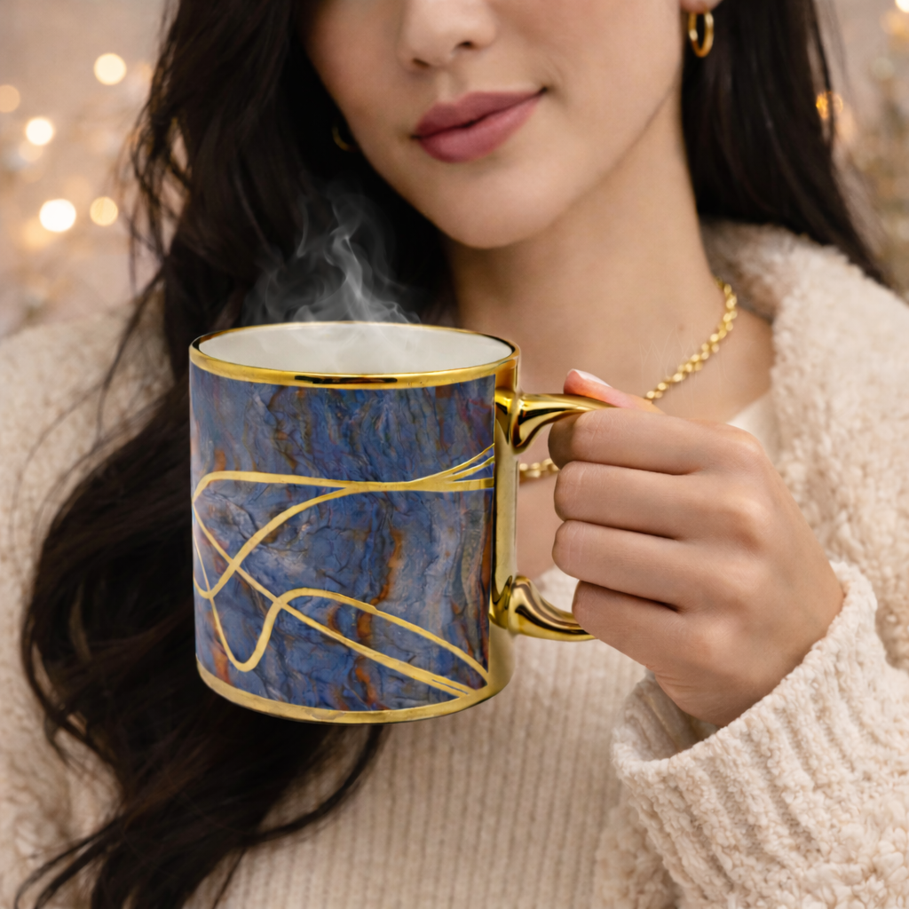 Cuire Deep Blue and Golden Veins Design Ceramic Coffee Mug | Mug for Him & Her | Perfect for Gifting | 340ml (Set of 1)