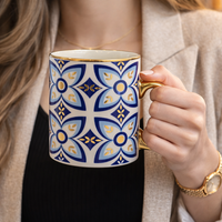 Cuire Golden Blue Floral Ceramic Coffee Mug | Mug for Him & Her | Perfect for Gifting | 360ml (Set of 1)