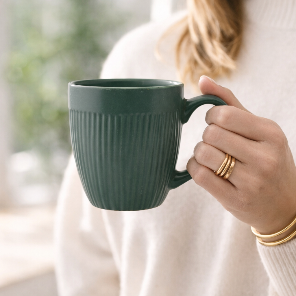 Cuire Ribbed Green Coloured Coffee Mug | Mug for Him & Her | Perfect for Gifting | 510ml (Set of 1)