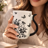 Cuire Floral White with Black Butterfly Ceramic Coffee Mug | Mug for Him & Her | Perfect for Gifting | 400ml (Set of 1)