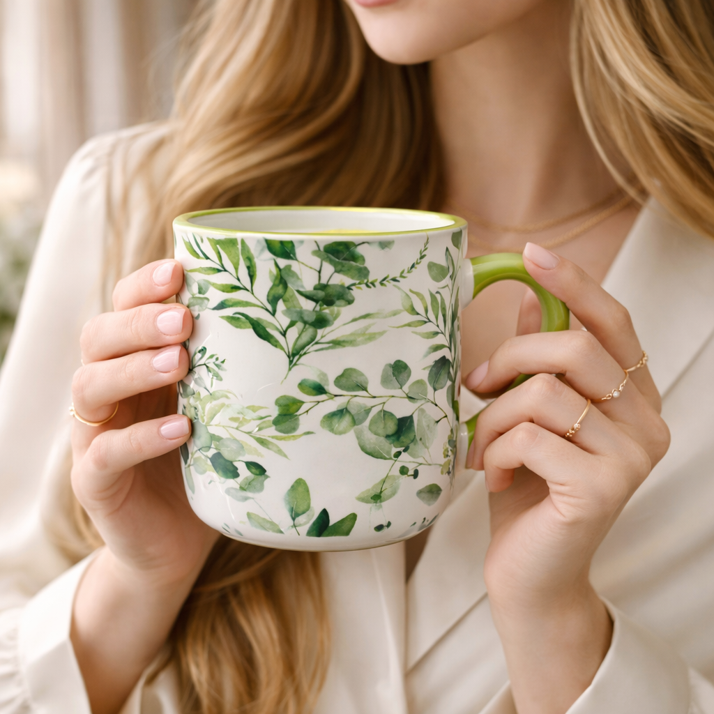 Cuire Green Floral Ceramic Coffee Mug | Mug for Him & Her | Perfect for Gifting | 450ml (Set of 1)