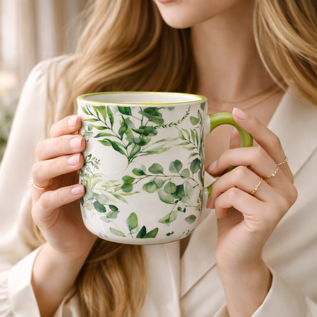 Cuire Green Floral Ceramic Coffee Mug | Mug for Him & Her | Perfect for Gifting | 450ml (Set of 1)