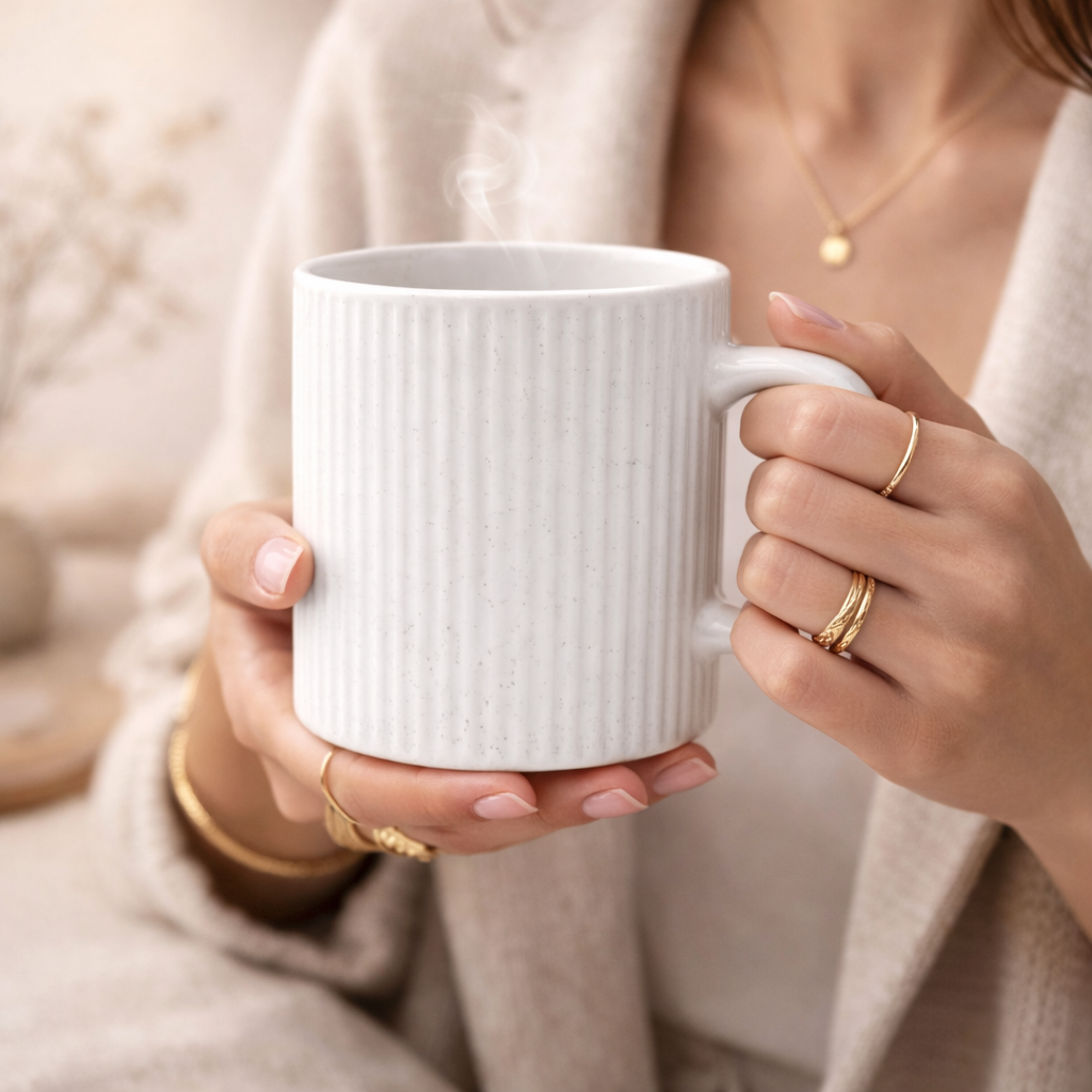 Cuire Ribbed White Ceramic Coffee Mug | Mug for Him & Her | Perfect for Gifting | 360ml (Set of 1)