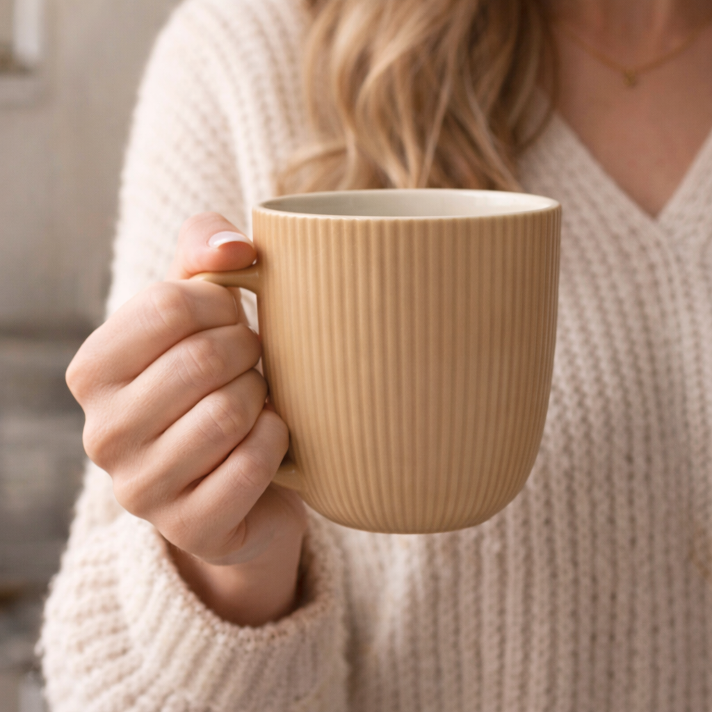 Cuire Solid Colour Ribbed Ceramic Coffee Mug | Mug for Him & Her | Perfect for Gifting | 350ml (Set of 1)