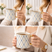 Cuire Aurora Luxe Gold Handle Coffee Mug – Premium Designer Ceramic Mug with Elegant Blush Lattice Pattern, 340ml Capacity | Perfect for Coffee, Tea & Gifting (Golden Light Blue)