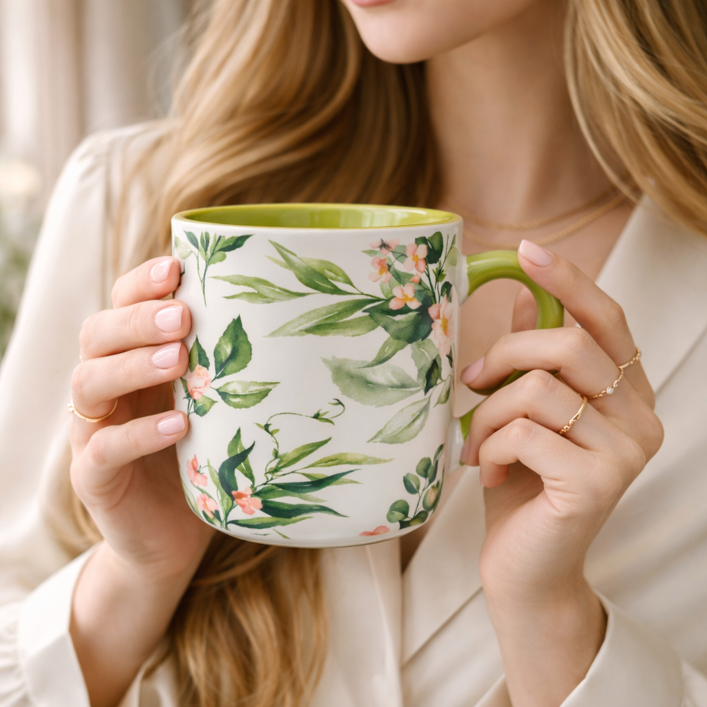 Cuire Green Floral Ceramic Coffee Mug | Mug for Him & Her | Perfect for Gifting | 450ml (Set of 1)
