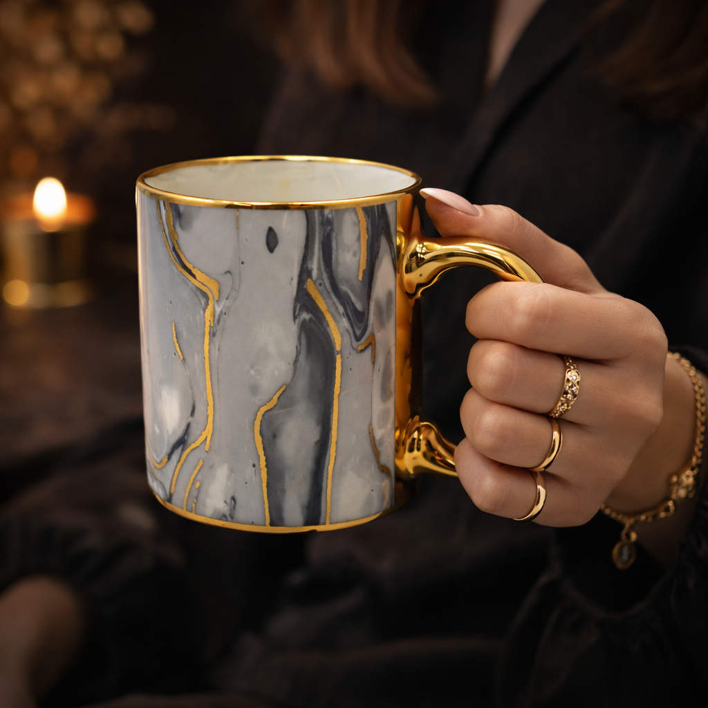 Cuire Golden Marble Ceramic Coffee Mug | Mug for Him & Her | Perfect for Gifting | 330ml (Set of 1)