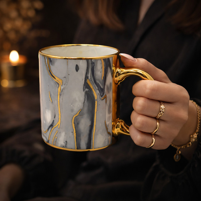 Cuire Golden Marble Ceramic Coffee Mug | Mug for Him & Her | Perfect for Gifting | 330ml (Set of 1)