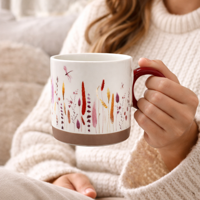 Cuire Red Wildflower Ceramic Coffee Mug | Mug for Him & Her | Perfect for Gifting | 370ml (Set of 1)