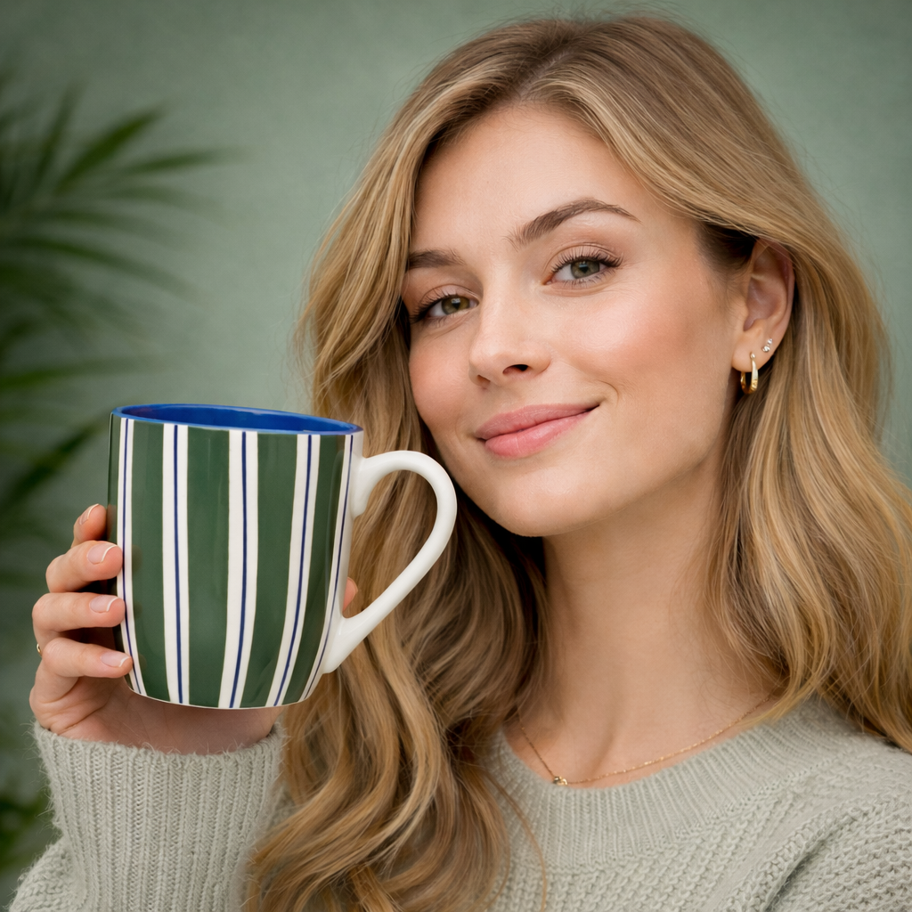 Cuire Stripped White Ceramic Coffee Mug | Mug for Him & Her | Perfect for Gifting | 580ml (Set of 1)