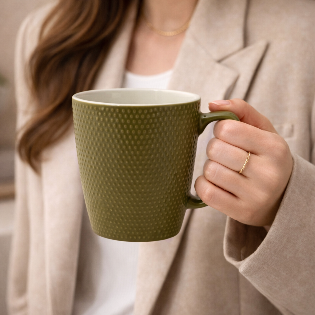 Cuire Dotted Olive Green Ceramic Coffee Mug | Mug for Him & Her | Perfect for Gifting | 470ml (Set of 1)