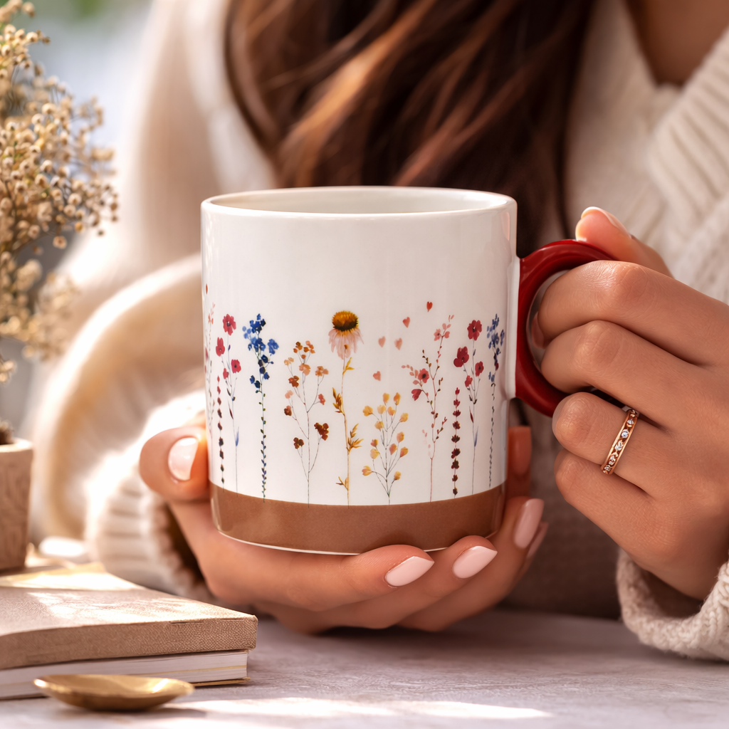 Cuire Red Wildflower Ceramic Coffee Mug | Mug for Him & Her | Perfect for Gifting | 370ml (Set of 1)