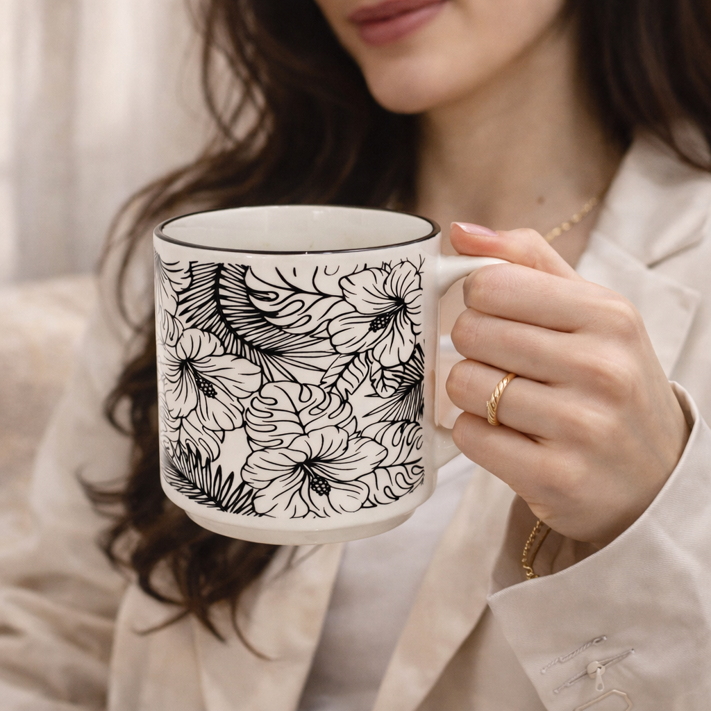 Cuire Floral Black & White Ceramic Coffee Mug | Mug for Him & Her | Perfect for Gifting | 350ml (Set of 1)