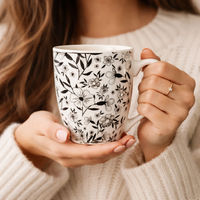 Cuire Black & White Floral Ceramic Coffee Mug | Mug for Him & Her | Perfect for Gifting | 350ml (Set of 1)