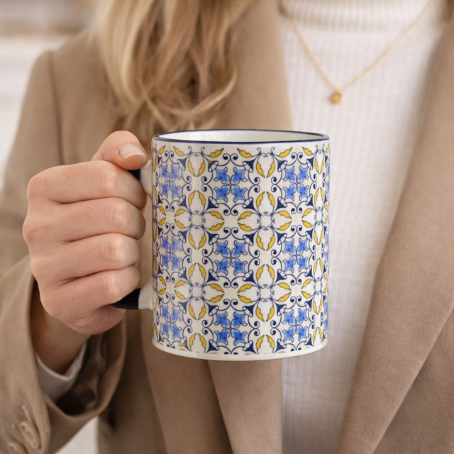 Cuire Blue Patterned Ceramic Coffee Mug | Mug for Him & Her | Perfect for Gifting | 370ml (Set of 1)