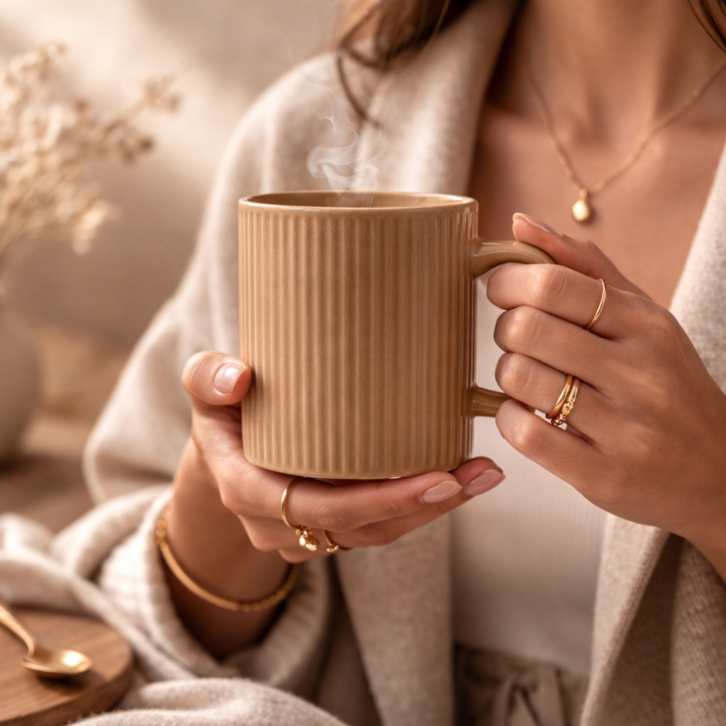 Cuire Ribbed Beige Ceramic Coffee Mug | Mug for Him & Her | Perfect for Gifting | 360ml (Set of 1)
