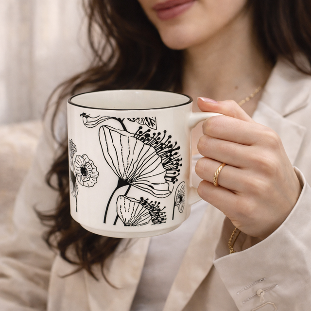Cuire Floral Black & White Ceramic Coffee Mug | Mug for Him & Her | Perfect for Gifting | 350ml (Set of 1)