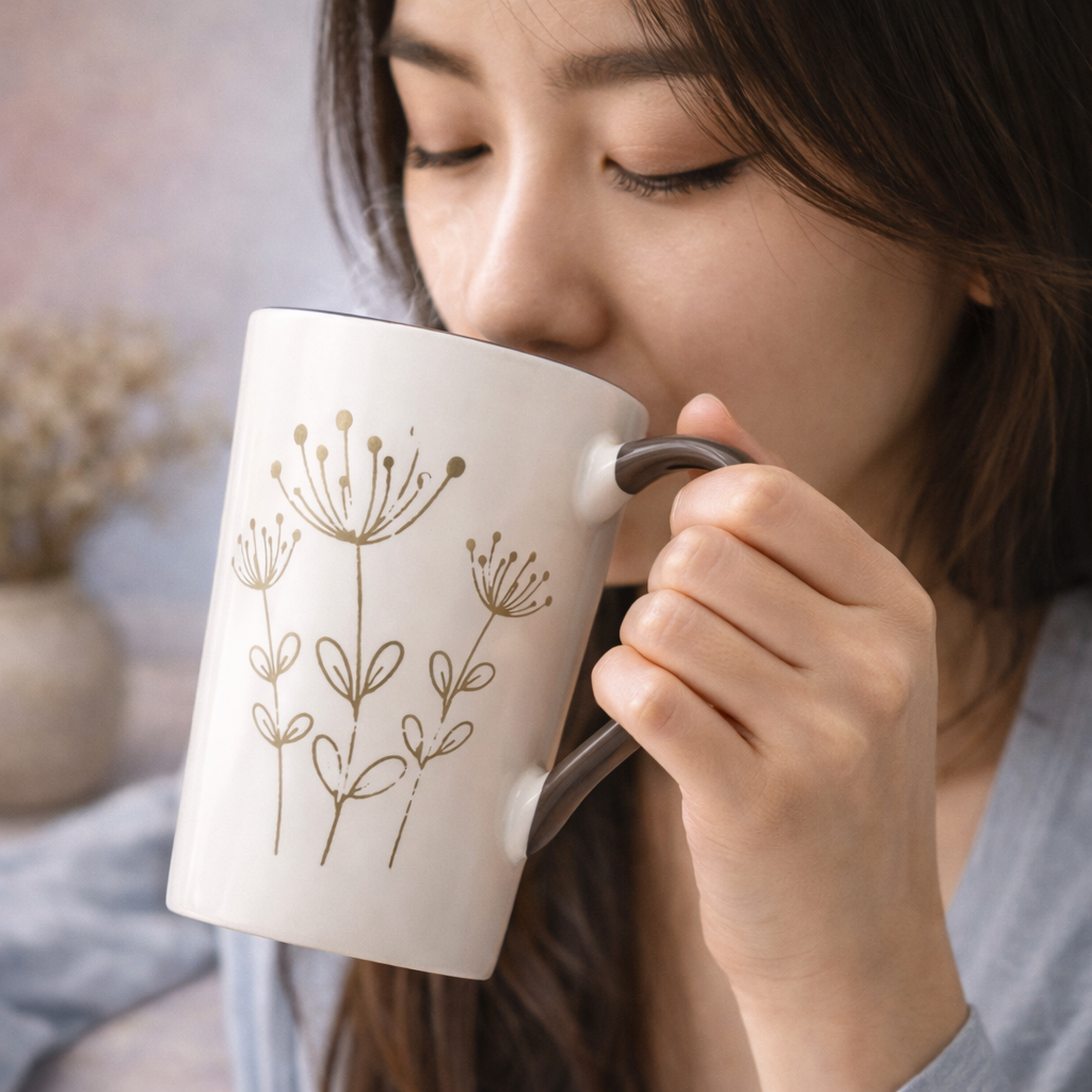 Cuire Beige Coloured Floral Embossed Ceramic Coffee Mug | Mug for Him & Her | Perfect for Gifting | 320ml (Set of 1)