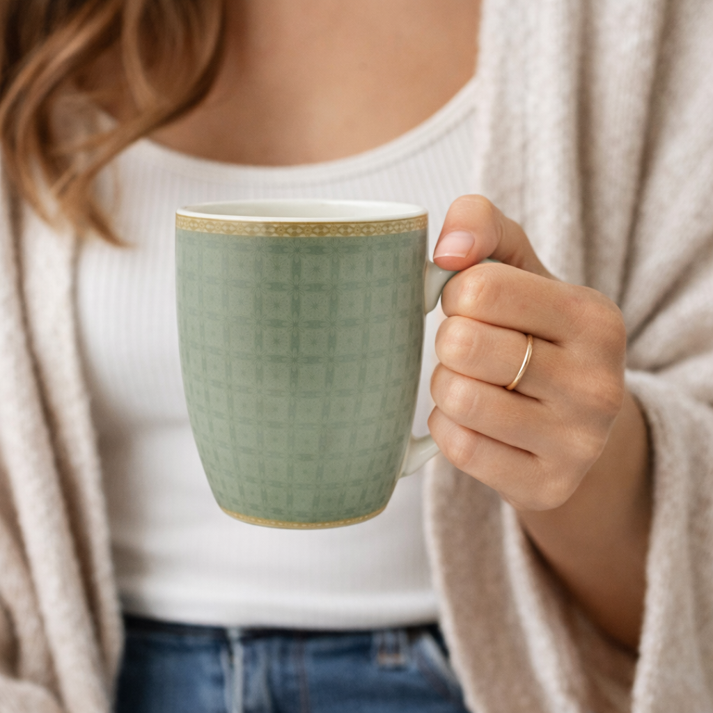 Cuire Green Geometric Pattern Ceramic Coffee Mug | Mug for Him & Her | Perfect for Gifting | 370ml (Set of 1)