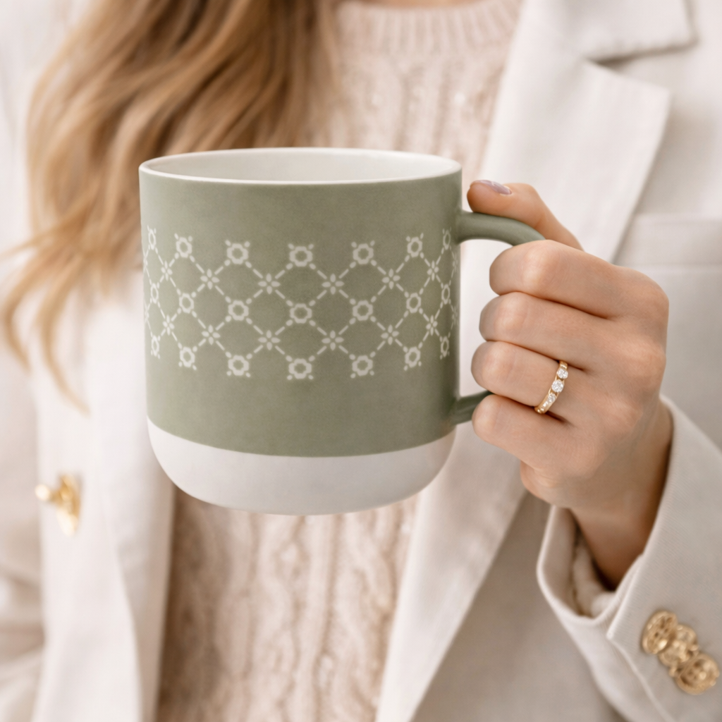 Cuire Olive Green Floral Ceramic Coffee Mug | Mug for Him & Her | Perfect for Gifting | 365ml (Set of 1)